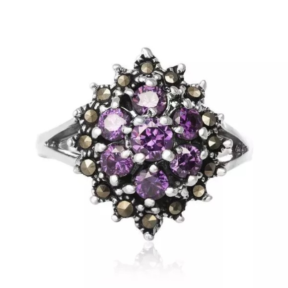 925sterlingsilver flower marcasite Amethyst rings - Picture 7 of 7